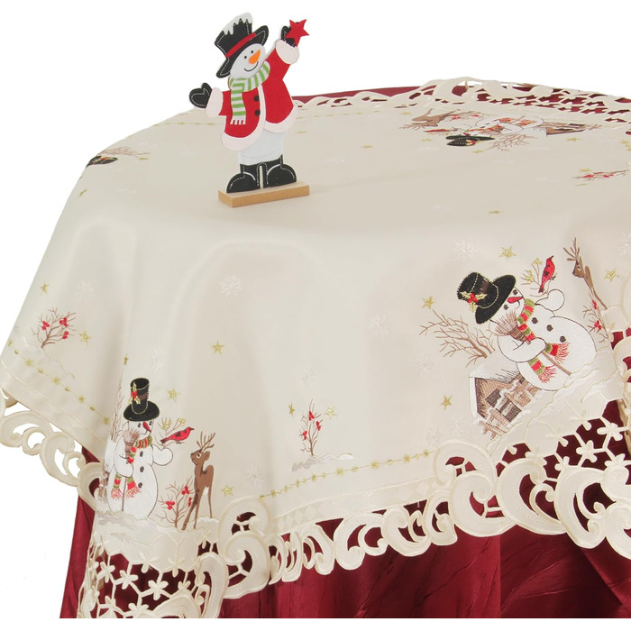 Різдвяна скатертина/доріжка HanaQi зі сніговиком та оленями, зимовий пейзаж з ажурною вишивкою, поліестер, колір екрю/крем - розмір на вибір (приблизно 38 x 108 см, овальна) (85 x 85 см (квадратна))