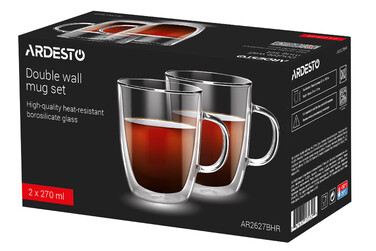 ARDESTO Набір чашок з ручками з подвійними стінками, 270 мл, В 10 см, 2 од., боросилікатне скло