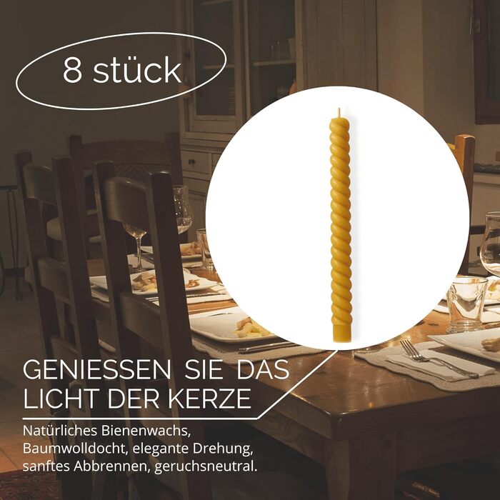 Свічки з бджолиного воску Danilovo Taper Candles, шт. натуральні, екологічно чисті, довгогорючі свічки з бджолиного воску для будь-якої нагоди та підсвічники свічки з ароматом меду та чистого бджолиного воску (8,25 см, закручені)