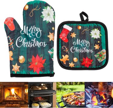 Різдвяний набір з 2 прихваток та 2 рукавичок для духовки, 4 предмети, зелений Beaupretty