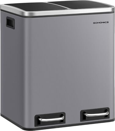 Кухонний кошик для сміття, 2 x 15 літрів, система розділення сміття, 2 відділення, включаючи 15 мішків для сміття, відро для сміття, відро для сміття на педалі, перероблені відходи, органічні відходи, кришка з мяким закриттям, LTB30BK (матово-сірий)