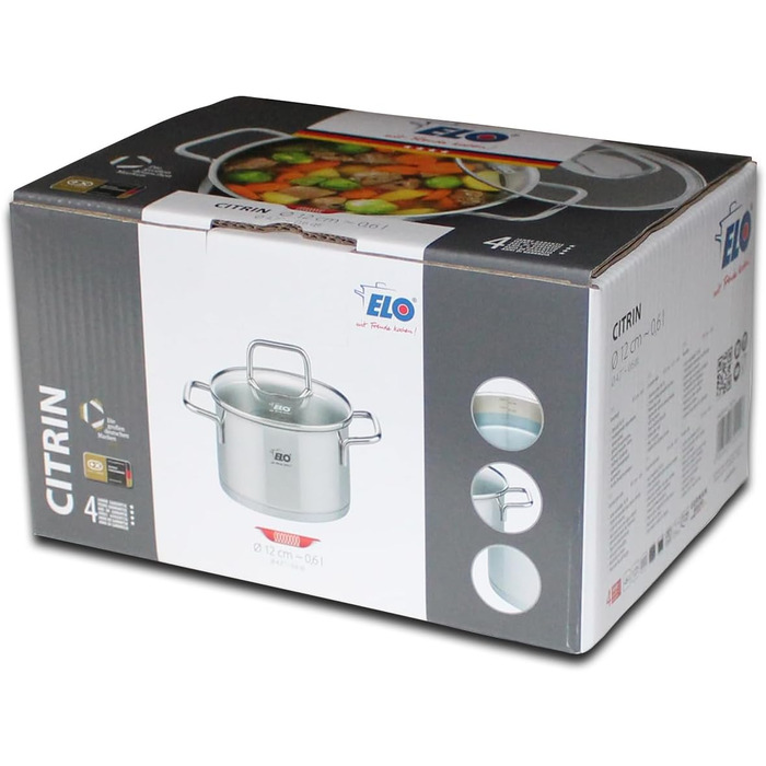 Каструля з нержавіючої сталі Elo 7242026, діаметр 20 см, каструля зі скляною кришкою, підходить для всіх типів плит, нержавіюча сталь, скло, 20 см, сіра каструля ø 20 см (каструля ø 12 см)