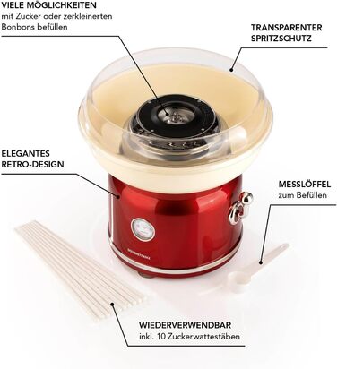 Апарат для виробництва цукрової вати GOURMETmaxx для дому з аксесуарами Ретро-апарат для виробництва цукрової вати Ностальгія з паличками для цукрової вати та мірною ложкою Цукрова вата для дитячих свят Білий (Червоний / Ванільний)