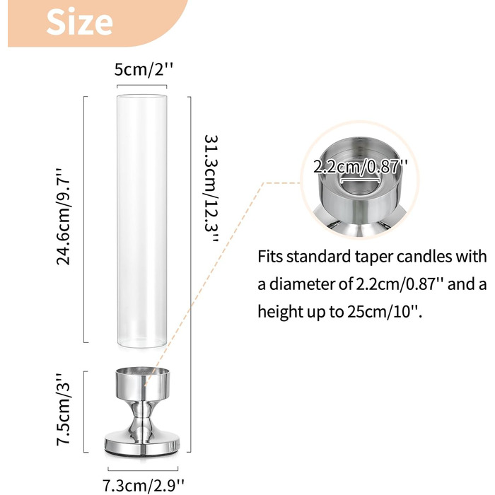 Скляний циліндричний свічник NUPTIO, скляний свічник - свічник-паличка, весільний стіл зі скляною стільницею без основи, ліхтар, скляний циліндричний свічник, свічка-паличка, День святого Валентина 31 см (10 шт. , срібло)