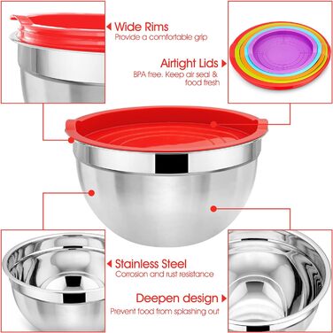 Набір мисок для змішування Herogo з 3 шт. , гніздова миска з нержавіючої сталі з герметичними кришками, металеві миски для подачі салату для запікання, нетоксичні та нержавіючі, придатні для миття в посудомийній машині (4.5/2.7/1.5 QT) (різнокольорові)