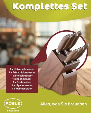 Блок ножів RSLE Basic Line - Високоякісний 6-предметний бамбуковий блок ножів з 5 кухонними ножами, набором гострих ножів зі спеціальної сталі та ергономічними ручками. Базовий 6-предметний блок ножів (7-предметний блок ножів Passion)