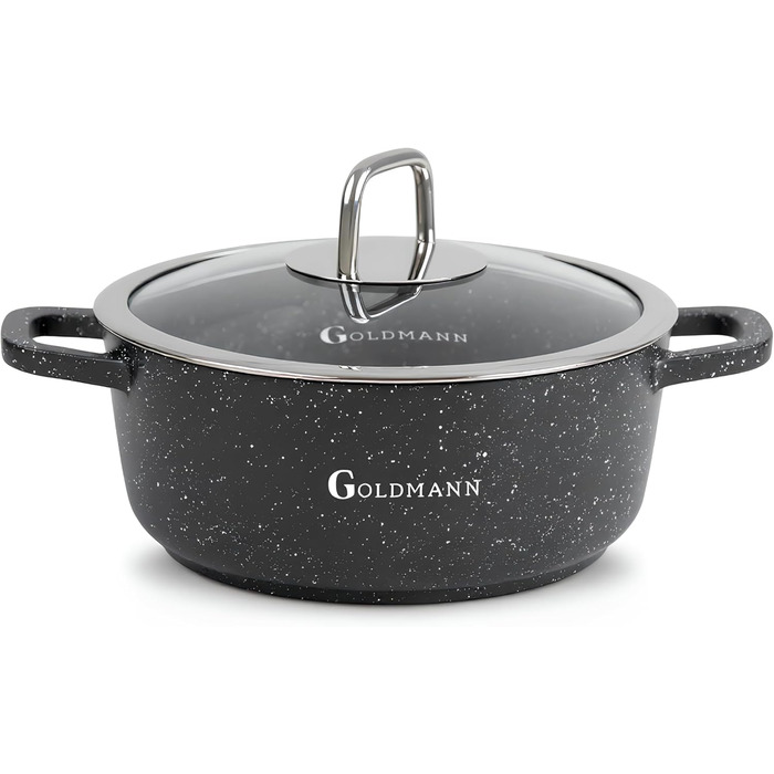 Каструля/горщик GOLDMANN з антипригарним покриттям та скляною кришкою, 6,5 л, мармурове керамічне покриття, для всіх варильних поверхонь, екологічно чиста (20 см)