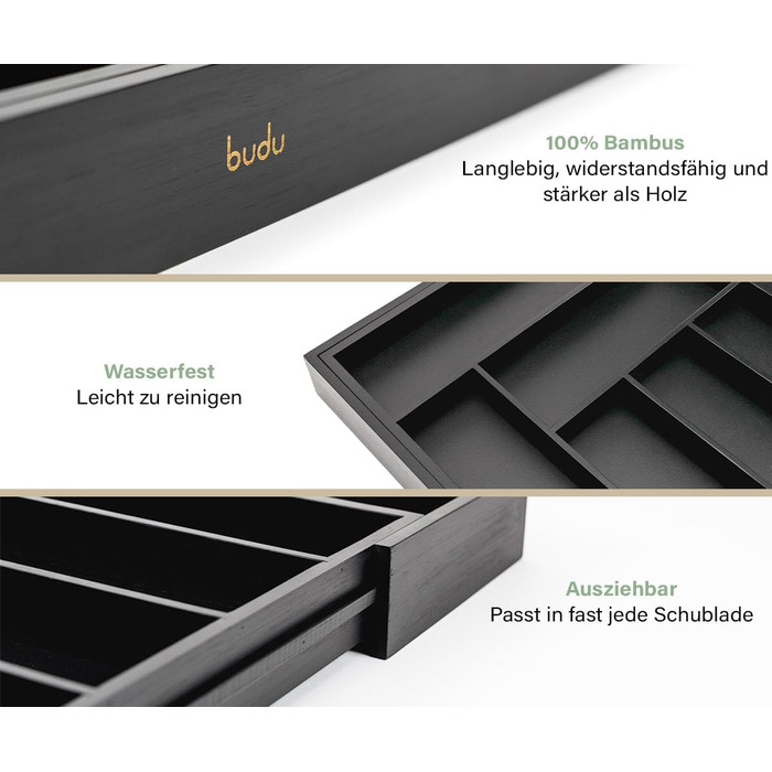 Лоток для столових приборів budu 47 (глибина 47 см) від - Організатор для кухонних шухляд - Висувний - Організатор для кухонних шухляд (50 см, бамбук - чорний)