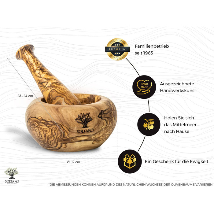 Оливковая ступка и набор пестиков - Ступка - Деревянная ступка - Экологичная ступка для трав и специй Ø Диаметр около 12 см Круглый Ø 12 см