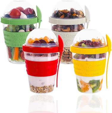 Стаканчик для пластівців TYA I з кришкою, набір з 4 стаканчиків для йогурту об&39ємом 600 мл з ложкою для сніданку, 100 БЕЗ BPA, контейнер для фруктів для вівсянки на ніч, міні-миска для пластівців, коробка для приготування їжі