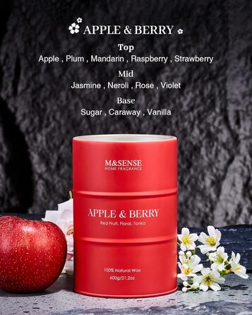 Ароматичні свічки M&SENSE з натурального соєвого воску, натуральна соєва свічка для домашнього декору, тривалий час горіння до 70 годин, класні подарунки зі свічками для чоловіків та жінок (600 г, яблуко-ягідний)
