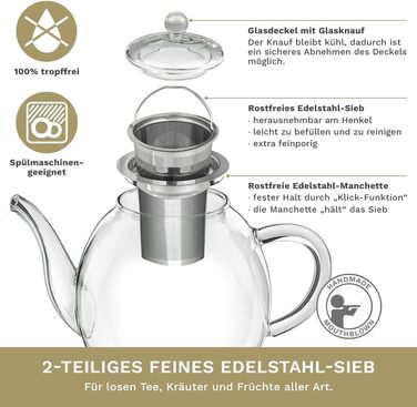 Чайник из Creano glass с крышкой для чая 500 мл из чайных цветов, чайных роз и листового чая, а также чайных пакетиков качественный, термостойкий (1 л)
