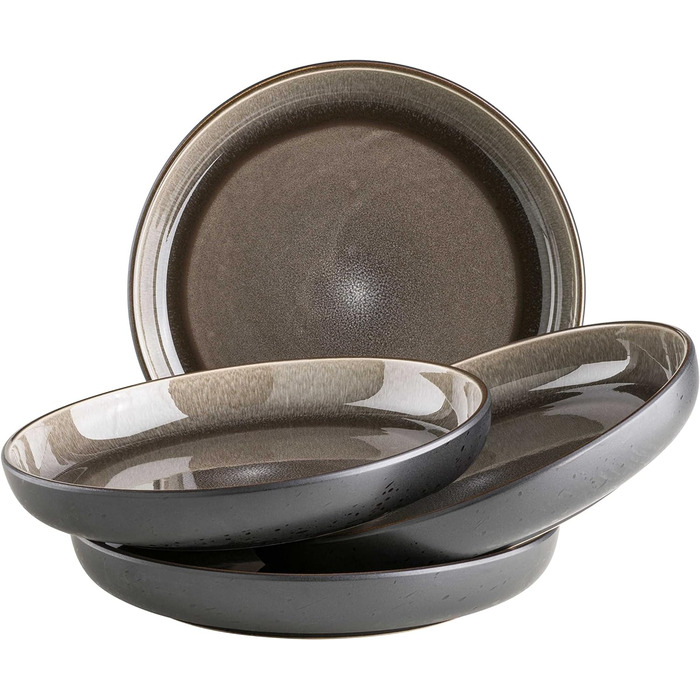 Сучасний набір на 4 персони в захоплюючому вінтажному образі, великі плоскі обідні тарілки з кераміки, керамограніту, сірий/чорний (супові тарілки, сірий / чорний)