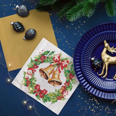 Серветки 3-шарові (33 x 33 см) I 20 шт. I Різнокольорові паперові серветки, ідеальні для різдвяного столу I Серветки - Різдво, зима, зірки, сніг, сніговики I (Святкова ялинка радості)