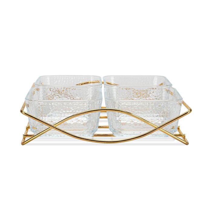 Мінажниця Fissman 22x21x5,3 см на металевій підставці 4 секції по 280 мл скло (16393)