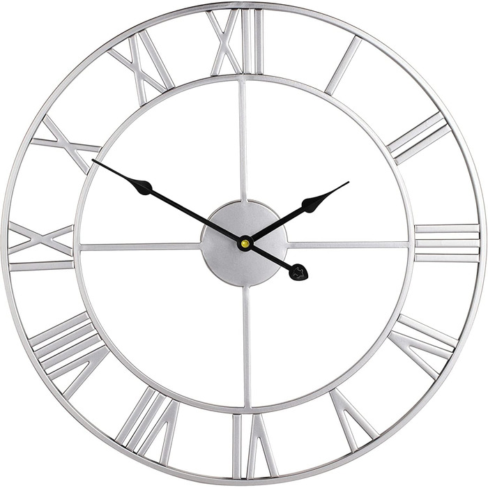 Великий круглий металевий настінний годинник у вінтажному стилі, безшумний, не цокаючий, працює на батарейках, 40 см, 16 дюймів, римські цифри, годинники для вітальні, спальні, кухні, настінний годинник-прикраса (срібний, 40 см)