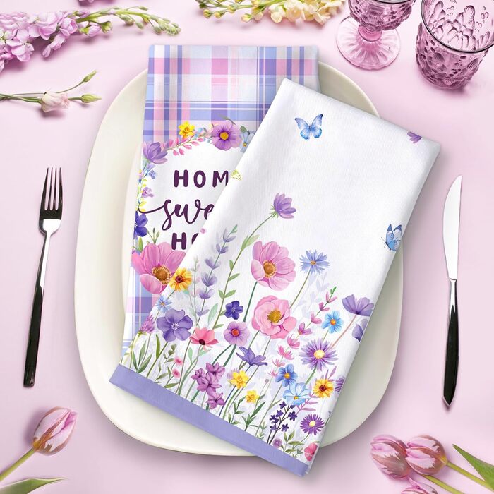 Кухонні рушники, бавовна, 4 упаковки, кухонні рушники, 100 бавовна. Осінній набір кухонних рушників. Універсальні високоякісні кухонні рушники для сушіння, 50 x 70 см (фіолетова квітка 02)