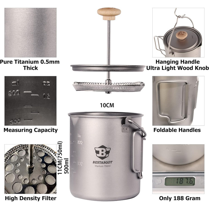 Титановый френч-пресс для кемпинга 750 мл Bestargot