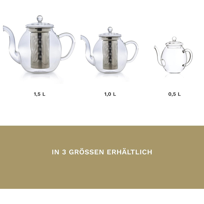 Чайник из Creano glass с крышкой для чая 500 мл из чайных цветов, чайных роз и листового чая, а также чайных пакетиков качественный, термостойкий (1,5 л)