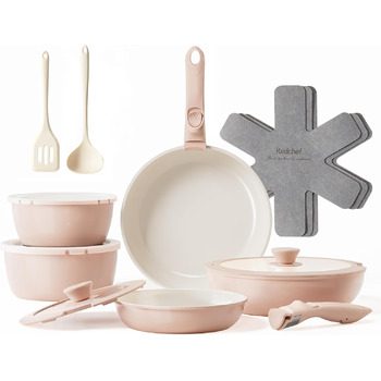 Набор кухонной посуды с керамическим антипригарным покрытием, 16 предметов, розовый Redchef