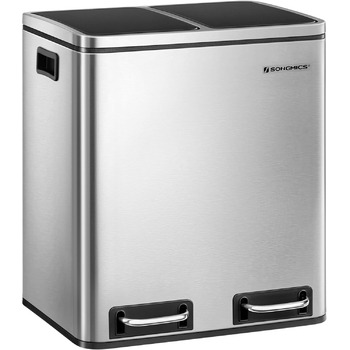 Кухонний контейнер для сміття SONGMICS, 2 x 15 літрів, система розділення сміття, 2 відділення, включаючи 15 мішків для сміття, відро для сміття, відро для сміття з педаллю, перероблені відходи, органічні відходи, кришка з мяким закриттям, LTB30BK (метале