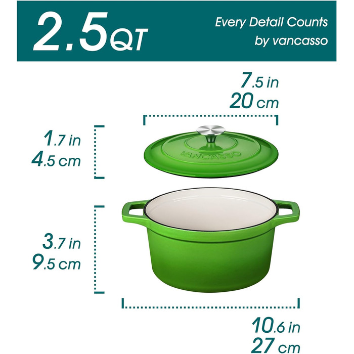 Чавунна сковорода Vancasso, чавунна каструля з кришкою, емальоване покриття об&39ємом 5 л, індукційна каструля, каструля, чавунна сковорода для всіх типів плит, підходить для індукції, кругла, кремово-біла, 5 л біла (зелена, 20 см)