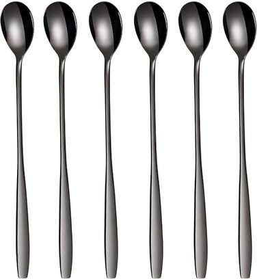 Набір ложок GRWE для лате макіато, золотистий, 6 предметів, 22 см, довгі ложки, ложки для коктейлів, десертні ложки, ложки для морозива, ложки для кави з льодом, нержавіюча сталь, можна мити в посудомийній машині (чорний)