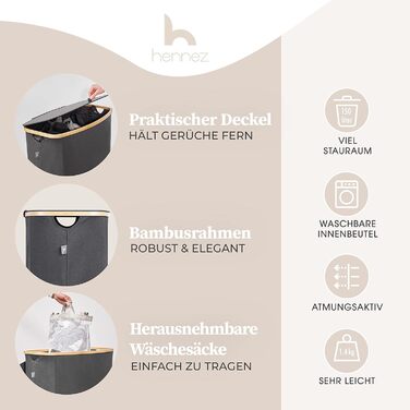 Ящик для белья 150 л - Корзина для белья 3 отделения - Крышка - Сортировщик белья с мешком для белья - Корзины для белья - Серый бамбук - Корзина для белья - Система сортировки белья - Сборник для белья 3) 150л Серый