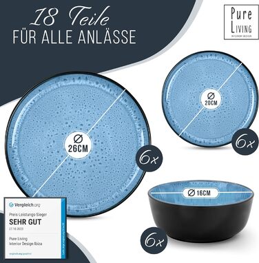 Керамогранітна глибока тарілка ТЕСТ ДУЖЕ ХОРОШИЙ Серія Ibiza Тарілки для макаронів Noble, тарілки для супу Deep стильна тарілка для пасти 6 персон - Набір посуду 6 персон, обідня тарілка, набір посуду Black With (набір з 18 предметів, темно-синій), 6 шт.