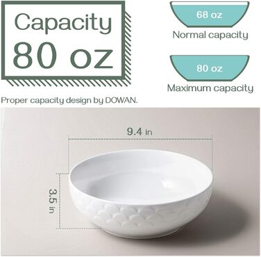 Большие сервировочные миски DOWAN 24,1 см, сервировочная миска для пасты с белым салатом, набор фарфоровых мисок для смешивания, прочные и штабелируемые, набор из 2 шт. , 2,5 QT