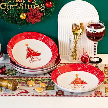 Серія 30-предметний порцеляновий різдвяний набір посуду на 6 осіб, різдвяний кавовий сервіз на 6 обідніх тарілок, 6 десертних тарілок, 6 супових тарілок, 6 кавових чашок та 6 блюдець (різдвяна ялинка, тарілка для пасти на 4 предмети)
