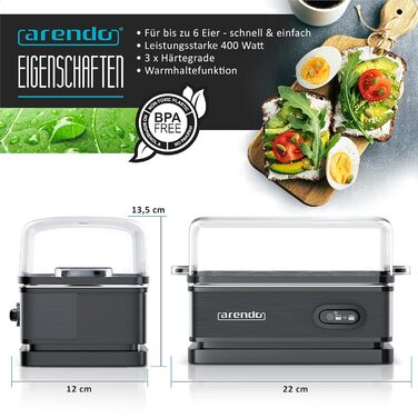 Яйцеварка из нержавеющей стали с функцией поддержания тепла - Тумблер функций со световой индикацией - Свободно выбираемая степень твердости - Матовая нержавеющая сталь - Не содержит бисфенола А - в холодном сером цвете (C черный)