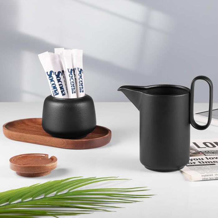 Набір для молока та цукру з кришкою та металевою ложкою, 5 предметів чорний ecooe