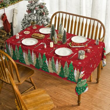 Модна різдвяна скатертина з червоними сніжинками, ялинками та зірками 140x110 см, зимова скатертина для захисту від плям, кухонна прикраса для вечірки 140 x 110 см червоного кольору