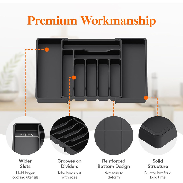 Органайзер для столових приборів 57 х 38 см для шухляд, 9 відділень, чорний Lifewit