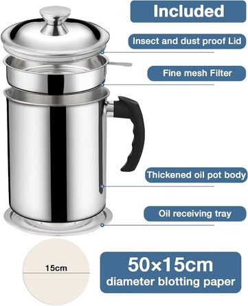 Контейнер для отбора масла 2 л с крышкой, нержавеющая сталь Cyiecweu