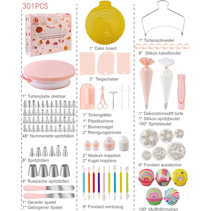 Набір аксесуарів для торта Nifogo, 301 предмет, аксесуари для випічки, аксесуари для декорування тортів з обертовою підставкою, кондитерський мішок, кондитерські насадки, шпатель для початківців (C-світло-рожевий)