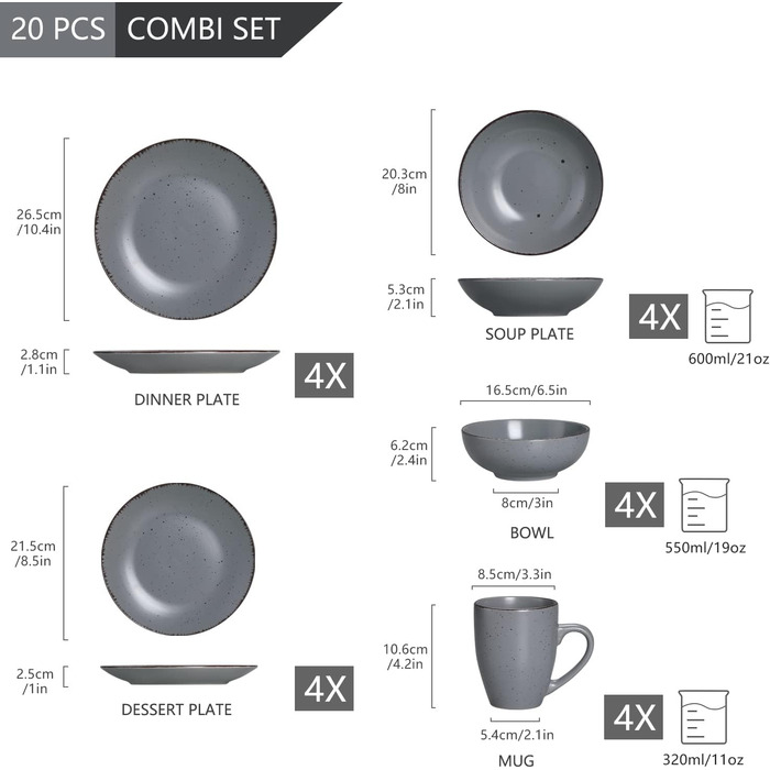 Столовий сервіз з керамограніту, набір посуду vancasso MODA, вінтажний вигляд, комбінований сервіз із 40 предметів з 8 обідніми тарілками, тарілками для тортів, суповими тарілками, мисками та чашками кожна (сірий, комбінований сервіз 20 шт. )