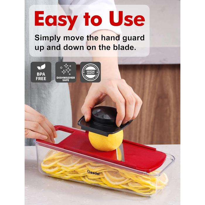 В 1 Многофункциональная мандолина Овощерезка, Лукорезка Овощерезка Ручная терка для сыра Жульен Слайсер для огурцов, терка для овощей Терка для яблок Картофельная ломтерезка Квадратная терка, (красная), 4
