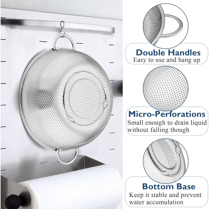 Ситечко из нержавеющей стали Herogo, 22 см, металлическое кухонное ситечко с ручкой, ситечко с микроперфорацией для очистки и слива овощей / фруктов / макаронных изделий / риса, 3 литра, простое в использовании и пригодное для мытья в посудомоечной машине