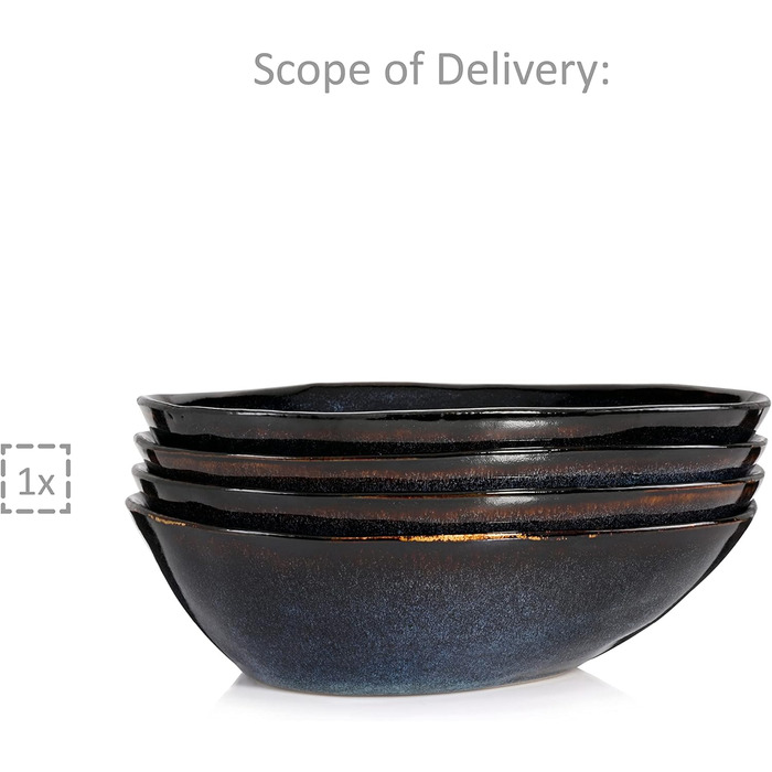 СПІВАЧКА Тарілка для пасти Токіо 4 шт., Тарілка для спагетті 4 персони, Набір посуду з кераміки Макарони, Тарілка з локшиною Можна мити в посудомийній машині, Миска для макаронів ручної роботи, Миска для макаронів синьо-чорна з коричневими вставками Набір