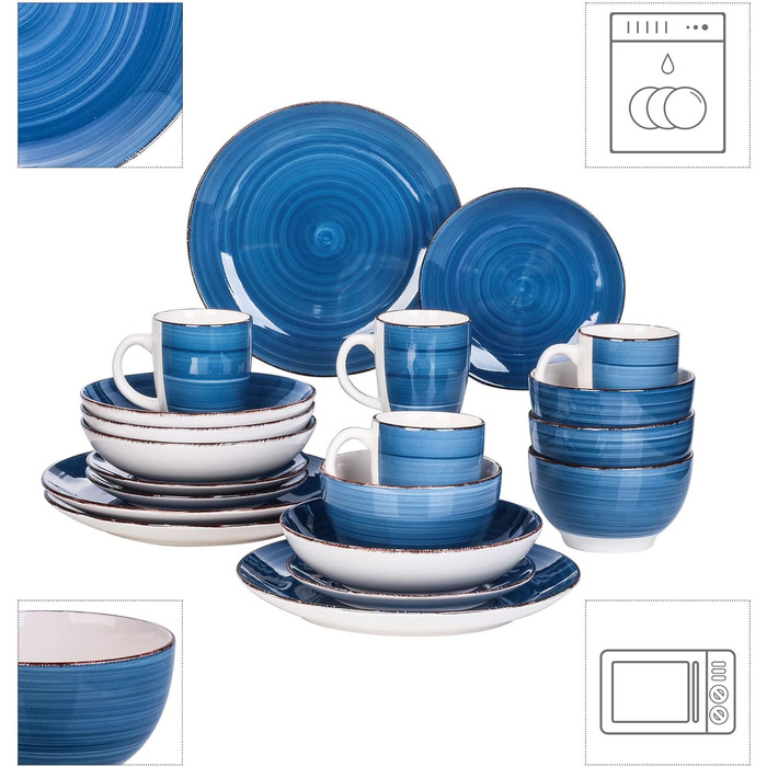 Комбинированный сервиз фаянсовая посуда, vancasso Bella с ручной росписью, марокканский стиль, винтажный внешний вид, ручная роспись, на 12 человек (набор посуды из 20 предметов, синий Bella)