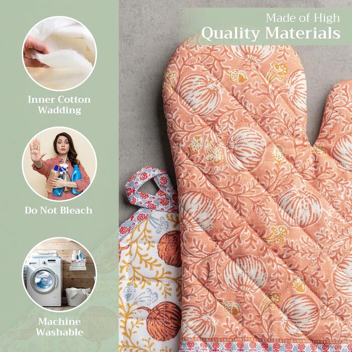 Рукавички для духовки, прихватки для каструль Maison d&39 Hermine, 100 бавовна, термостійкі кухонні рукавички, рукавички для духовки (19 x 33 см) та прихватки для каструль (20 x 20 см) для приготування їжі, Морзін - Рукавички для духовки (19 x 33 см) та п