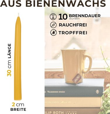 Набір з 10 конічних свічок 2 х 30 см з бджолиного воску, жовтий Danilovo