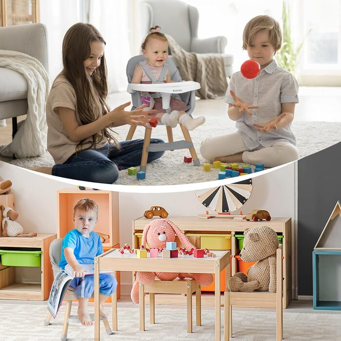 Дитячий стільчик для годування Ezebaby 6 в 1, бустер, барний стілець, багатофункціональний стільчик для годування, дерев&39яні ніжки, з 5-точковим ременем безпеки, підставкою для ніг, знімним підносом для дітей від 6 місяців (сірий)