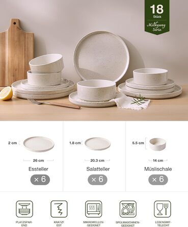 Набір посуду Richmount Nebula для 6 осіб, набір тарілок та мисок із 18 предметів, набір посуду з крапчастої кераміки, можна мити в мікрохвильовій печі та посудомийній машині, сервіз Nebula для 6 осіб (кремово-білі цятки, сервіз Nebula для 6 осіб)