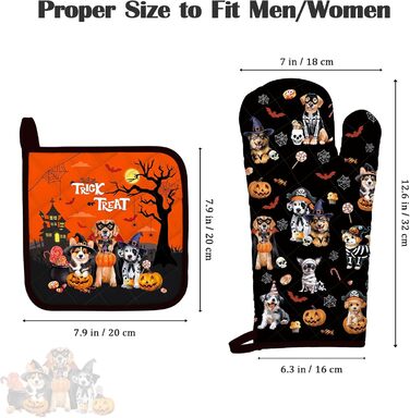 Різдвяний набір із 2 рукавичок для духовки та підставок для каструль Arquiel, 100 бавовняні кулінарні рукавички, термостійкі кухонні рукавички для приготування їжі, різдвяні подарунки на кухню для жінок (Хелловін 02, рукавички для духовки підставки для ка