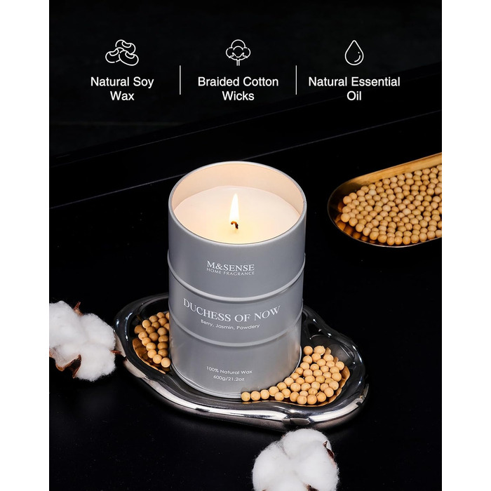 Ароматичні свічки M&SENSE з натурального соєвого воску, натуральна соєва свічка для домашнього декору, тривалий час горіння до 70 годин, класні подарунки-свічки для чоловіків і жінок (600 г, герцогиня Нові)