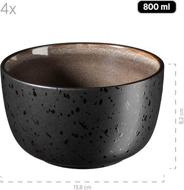 Сучасний набір на 4 персони в захоплюючому вінтажному образі, великі плоскі обідні тарілки з кераміки, керамограніту, сірого/чорного кольору (зернові миски, сірий / чорний)