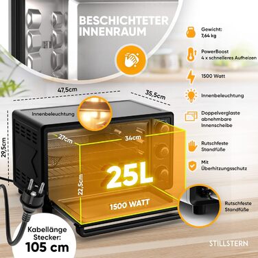 Міні-піч Stillstern з конвекцією 25 л (версія для Німеччини) Піца Ø25, антипригарне покриття CYCLONE PRO, розморожування, таймер 2 години, кемпінгова міні-піч конвекційна піч для піци міні-піч невеликий гриль для курки з вертелом